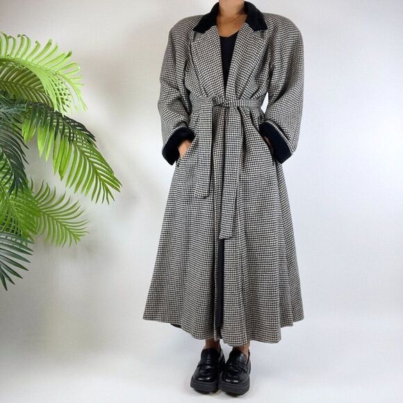 Vintage 90s Grunge Classy Streetwear Winter Full Houndstooth Dress Wool Coat /12 - Picture 1 of 9